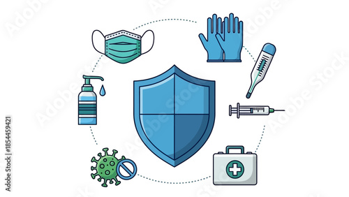 Healthcare and Safety Icons Featuring Mask, Gloves, and Vaccine