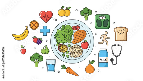 Healthy Lifestyle Concept with Balanced Diet and Fitness Icons
