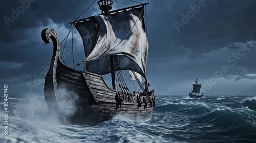 Viking ship sailing through stormy seas.