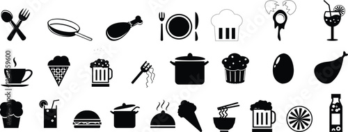 Collection of black silhouettes representing various food and drink items
