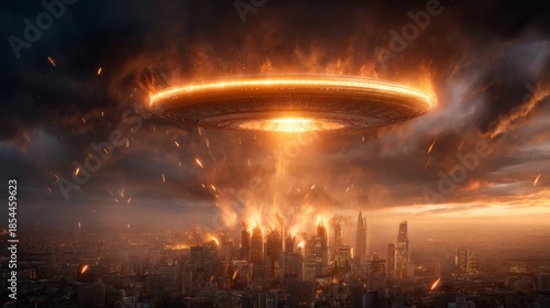 A futuristic cityscape under attack by an alien spacecraft, with fiery explosions and dark clouds, creating a dramatic and intense atmosphere.