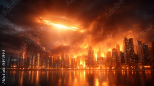 A dramatic cityscape under a fiery sky, featuring a hovering UFO and intense flames, creating an apocalyptic atmosphere.
