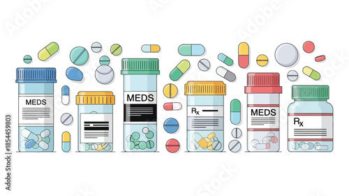Colorful Illustration of Various Medicine Bottles and Pills