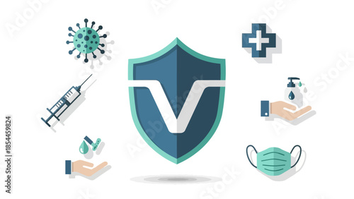 Healthcare protection icons with shield, syringe, and mask illustration