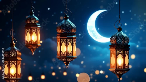 Elegant Ramadan Lanterns Against a Crescent Moon in a Serene Night Sky Background