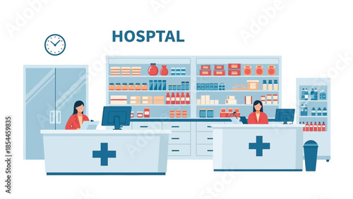 Pharmacy interior with pharmacists and medicine shelves in a hospital setting