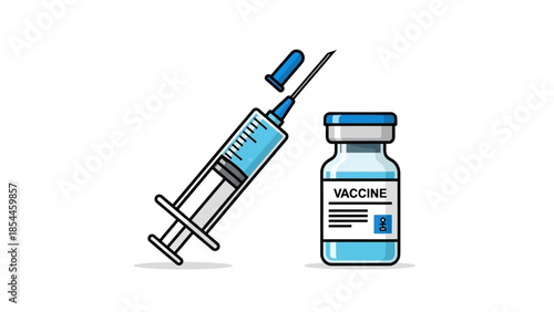 Medical syringe and vaccine vial on white background illustration