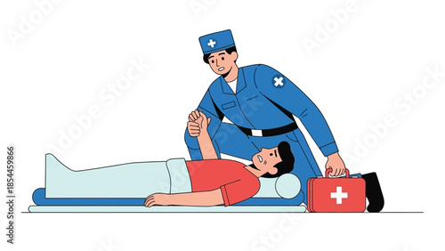Paramedic Assisting Injured Person with First Aid Kit on White Background