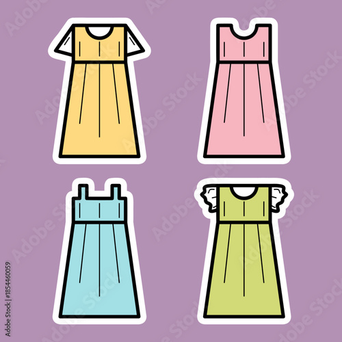 Set of cute midi dress fashion design colorful illustration sticker collections