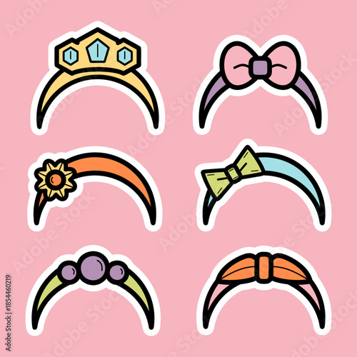 Set of cute girly headband fashion design colorful illustration sticker collections