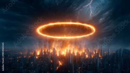 A dramatic cityscape features an ominous fiery halo above a skyline, with lightning illuminating a chaotic atmosphere of destruction and urgency.