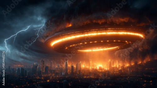 A futuristic cityscape under a stormy sky, dominated by a glowing UFO hovering ominously, creating an atmosphere of tension and intrigue.