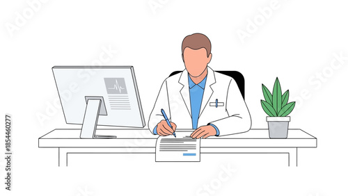 Doctor writing notes at desk with computer and plant