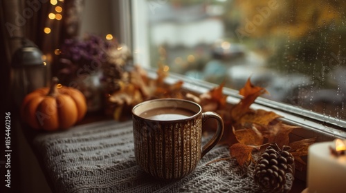 Wallpaper Mural A warm drink sits on a knitted cloth by the window. Outside rain falls as autumn leaves and decorations create a seasonal atmosphere in the afternoon light. Torontodigital.ca