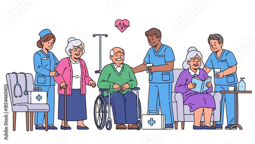 Healthcare professionals assisting elderly patients in a care facility