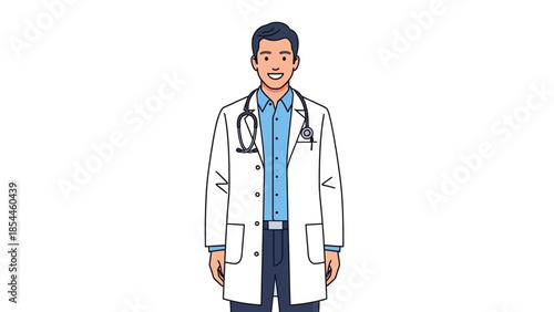 Smiling doctor in white coat with stethoscope on white background