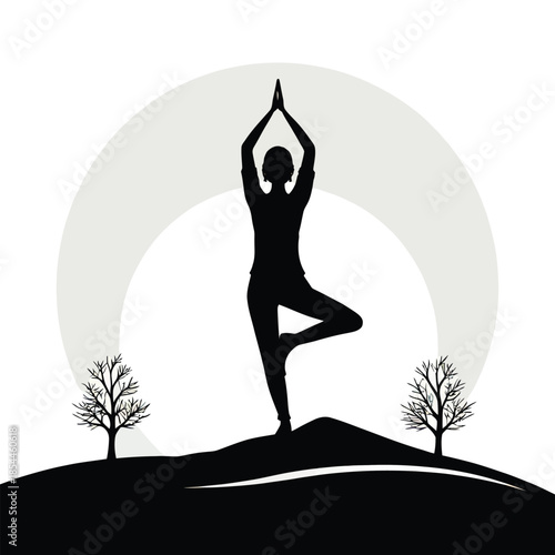 Yoga illustration, black silhouette of person in tree pose