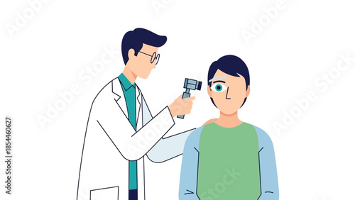 Doctor examining patient's ear with otoscope in medical office