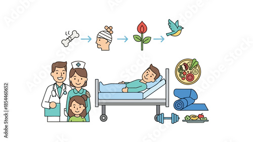 Illustration of Health Recovery Process with Medical and Wellness Elements