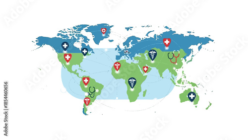 World map with healthcare symbols and regional highlights