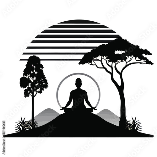 Black and white vector silhouette of a person meditating