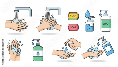 Illustration of handwashing steps with soap and water in vector style