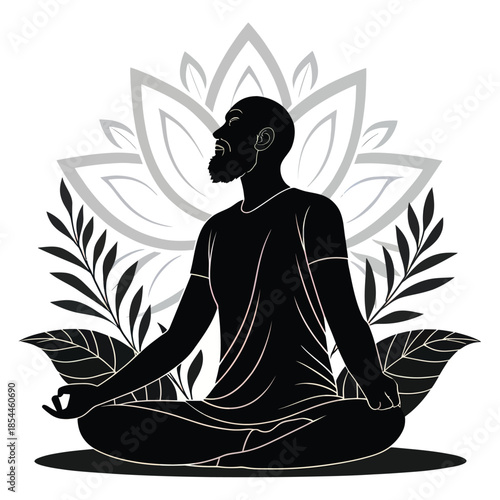 Black and white vector illustration of a man meditating in lotus