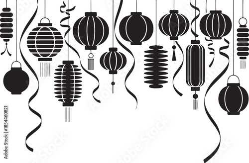 Black paper lanterns and ribbons hanging on white background