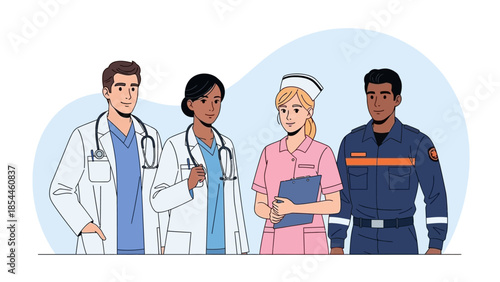 Diverse group of healthcare professionals and emergency responder