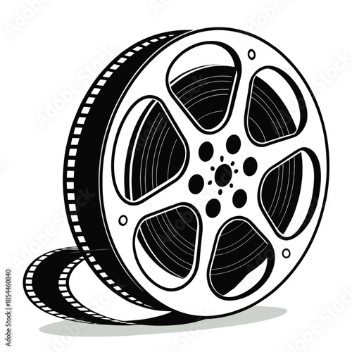Black and white film reel with unspooled movie film strip