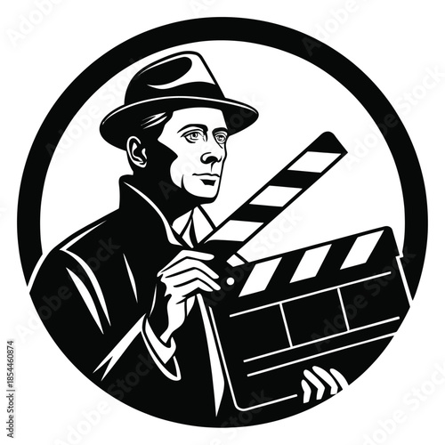 Black and white illustration of man holding film clapboard