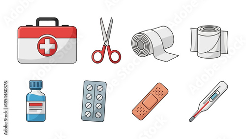 Medical Supplies Icons Set Including First Aid and Thermometer