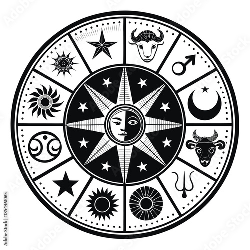 Black and white zodiac wheel illustration with astrological