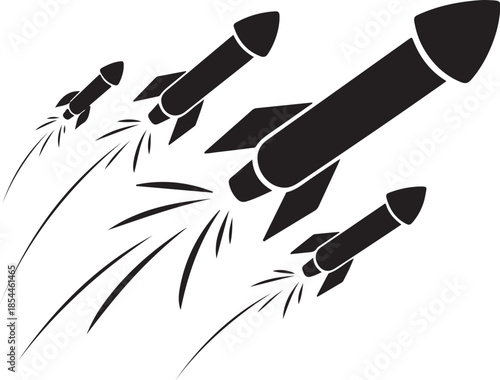 Black rockets launching with trails on white background