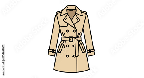 Classic beige trench coat with belt and double-breasted buttons.