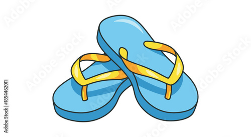 Pair of blue flip-flops with yellow straps summer footwear.