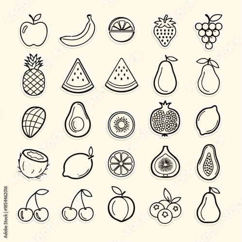 A charming collection of hand-drawn outline fruit icons, featuring a wide variety of fresh produce, ideal for healthy eating and natural food designs.