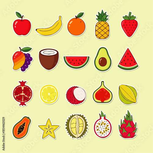 A vibrant collection of fresh, ripe, and exotic fruits arranged in a colorful, flat design illustration against a light background.