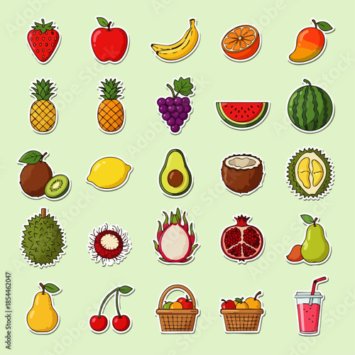 A vibrant collection of diverse, colorful, and delicious fruits and berries presented in a playful, cartoonish sticker style.