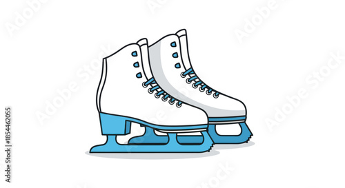 Pair of white figure skates with blue accents and laces.