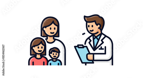 Doctor consulting with a family of three discussing health.