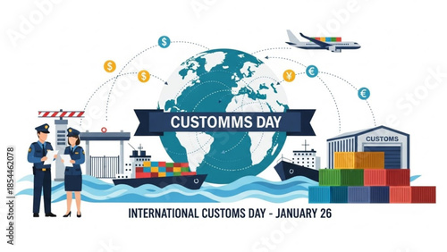 Customs officers at international shipping port with globe