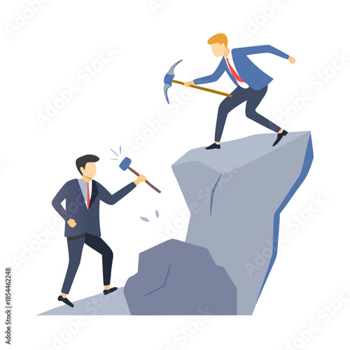 Businessman with pick axe digging the edge of rock to make his colleague fall. Sabotage, competition concept