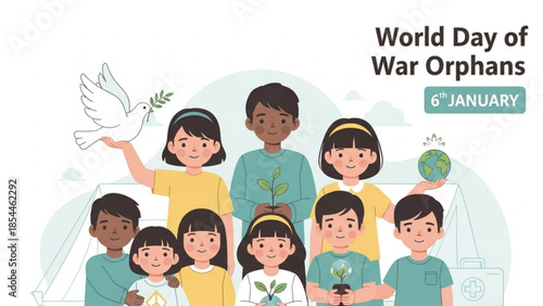 Diverse group of children celebrating world day of war orphans