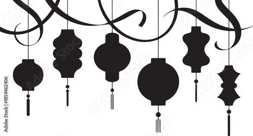 Black silhouette hanging lanterns with decorative swirls