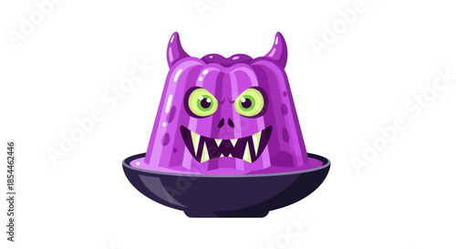 Spooky Purple Jelly Monster Dessert with Horns and Sharp Teeth.
