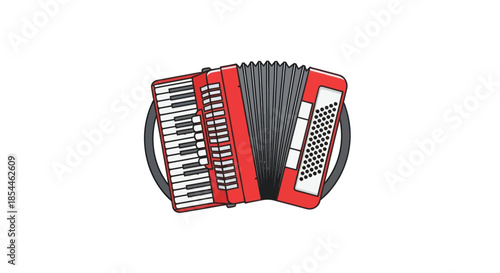 A stylized illustration of a classic red and black piano accordion musical instrument.
