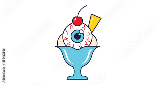 Eyeball Ice Cream Sundae with Cherry and Wafer Topping in a Blue Glass.