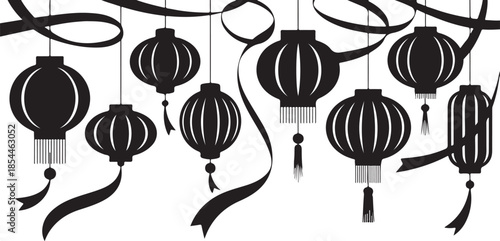 Black silhouette of hanging Chinese lanterns and ribbons