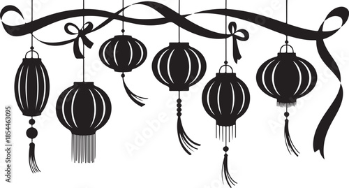 Black silhouette of hanging lanterns and ribbon white